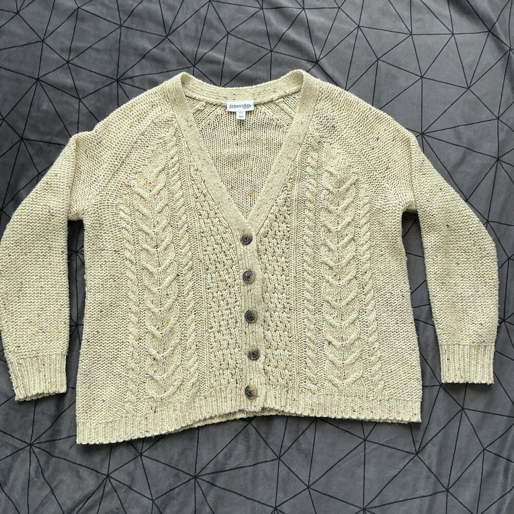 Cream Flecked Cable Knit Cardigan PXL Oversized Grandpa Chunky Button Cozy